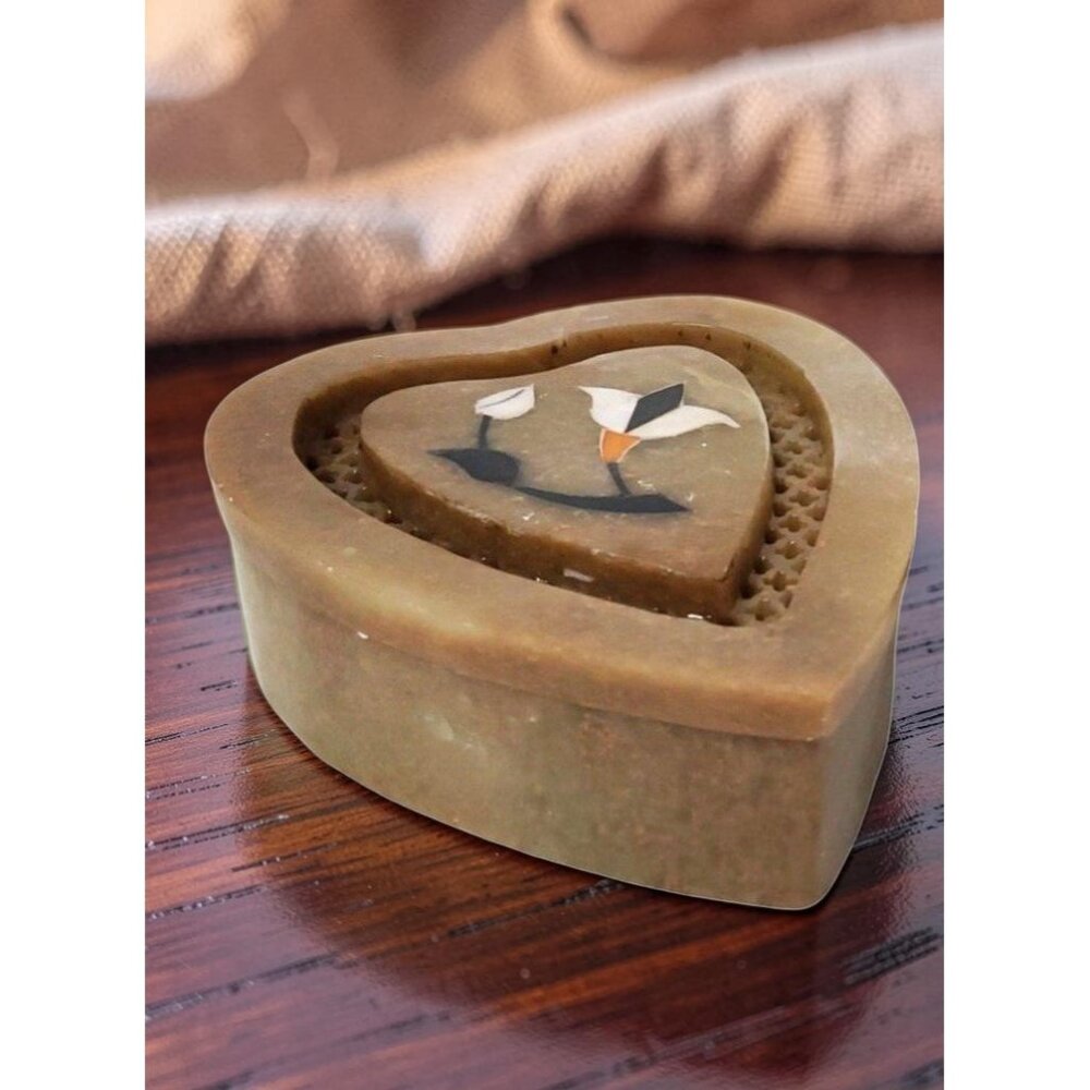 vintage 1970's handmade soapstone trinket box mother of pearl inlay